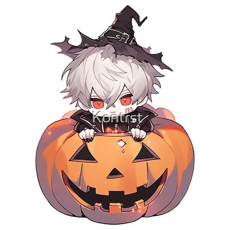 This cute sticker shows a pale chibi boy with white hair and red eyes emerging from a large jack o'lantern pumpkin. He wears a scruffy hat adding to his playful trickster vibe. Perfect for Halloween fun and decor! Printed on durable, waterproof vinyl that Chibi Pumpkin, White Hair And Red Eyes, White Hair Red Eyes, Chibi Halloween, Boy With White Hair, Tattoo Themes, Chibi Boy, Chibi Art, Pumpkin Stickers