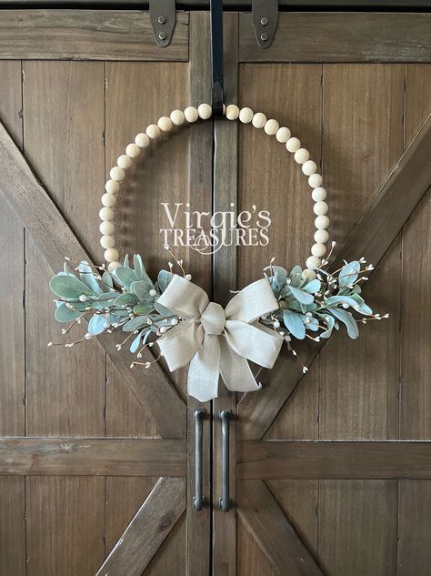 Beaded Wood Wreath, White Berry & Lambs ear Wreath, Farmhouse Beaded Wood Wreath, Wood Bead Wreath, Kitchen Wreath, Everyday Wreath by VirgiesTreasures on Etsy Wood Beaded Wreath Ideas, Winter Beaded Wreath, Famer House, Wooden Bead Wreath Ideas, Wooden Bead Wreath, Baby Prayers, Bead Wreaths, Lambs Ears, Wood Bead Wreath