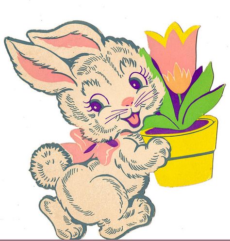 Rabbit with flower pot Somebunny Loves You, Easter Graphics, Vintage Easter Cards, Vintage Holiday Cards, Easter Illustration, Easter Postcards, Easter Prints, Easter Goodies, Easter Images