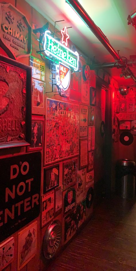 Industrial Club Design, Bar With Dance Floor, Pub Vibes Aesthetic, Dive Bar Aesthetic Basement, Eclectic Man Cave, Basement Bar Aesthetic, Rustic Bar Aesthetic, Dive Bar Basement, Vintage Club Aesthetic