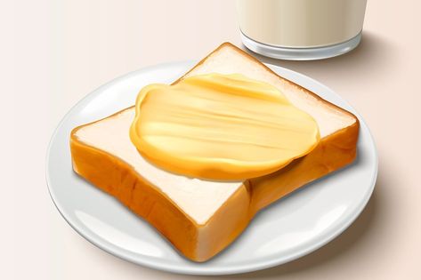 Butter spreading on bread, delicious breakfast with butter toast and milk in 3d illustration.   Archive contains JPG and EPS files. Toast Illustration, Bread Illustration, Butter On Toast, Butter Toast, Milk Bread, Bread Toast, Butter Spread, On Toast, Delicious Breakfast