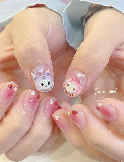 Kuromi Nails Short, My Melody Nails, Kuromi Nails, Glitter Nails Acrylic, Cute Short Nails, Asian Nails, Racun Shopee, Cute Nail Art Designs, Basic Nails