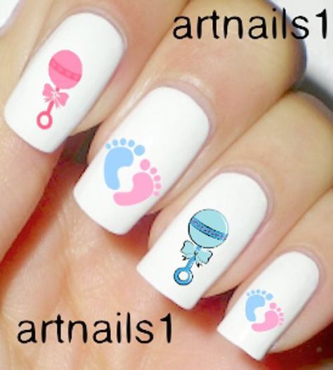 Baby Nail Art, Pink Blue Nails, Shower Nails, Gender Reveal Nails, Baby Shower Nails, Baby Blue Nails, Polish Manicure, Baby Nails, Nail Art Designs Diy