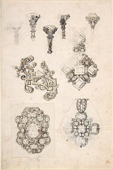 Sheet of Jewelry or Decorative Designs  Anonymous, Italian, 17th century Jewelry Rendering, Jewellery Design Sketches, Jewerly Designs, Jewelry Design Drawing, Jewelry Illustration, Jewelry Drawing, Jewellery Sketches, Schmuck Design, Design Sketch