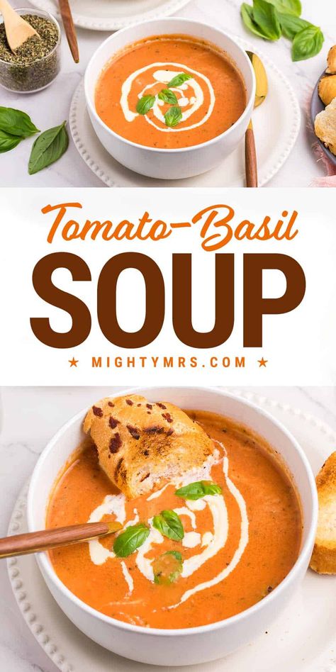 A quick and easy recipe for rich and creamy tomato soup made with garden or canned tomatoes, Italian herbs, fresh basil and roasted garlic. This soup pairs perfectly with grilled cheese or fresh baked bread for an easy homemade weeknight dinner. Ready in just 25 minutes. Homemade Tomato Basil Soup, Food Sauces, Soup Tomato, Homemade Tomato Soup, Creamy Tomato Basil Soup, Soup Creamy, Fresh Baked Bread, Tomato Soup Easy, Cozy Soup