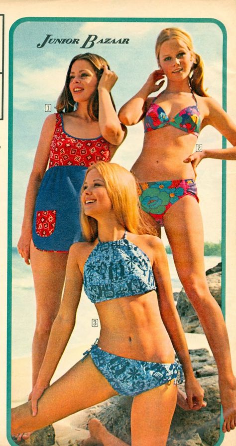 70's swimwear 70s Swimwear, Vintage Beach Party, Swimwear Aesthetic, Superstar Barbie, Fashion Decades, Retro Swimwear, 60s And 70s Fashion, Vintage Bathing Suits, 20th Century Fashion