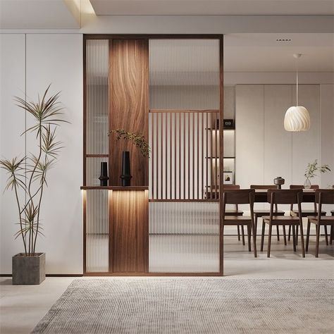 Partitions Between Living And Dining, Fluted Glass Partition Living Room, Foyer Partition Design, Divider Between Kitchen And Living Room, Foyer Partition Ideas, Glass Divider Wall Living Rooms, Glass Wall Partition Design, Foyer Divider, Partition With Storage