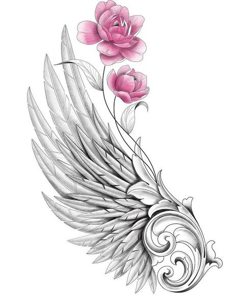 Angel Wing With Flower Tattoo, Feather Wings Tattoo, Wing Tattoo Designs Arm, Wings And Flowers Tattoo, Winged Dragon Tattoo, Angel Wings Tattoo Shoulder, Angel Wing Tattoo Designs, Angel Wings Tattoo Stencil, Tropisches Tattoo