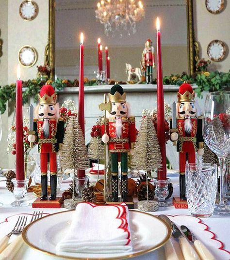 Nutcracker Room Decor, Christmas Table Settings Nutcracker, Christmas Decorations Nutcrackers, The Nutcracker Decorations, Nutcracker Christmas Tablescape, Nutcracker Table Decor, Nutcracker Holiday Party, Christmas Decor Ideas Nutcracker, Nutcracker Table Decorations