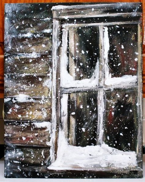 Original-Winter-Paintings-on-Canvas || Snow Window Painting || Canvas Painting Ideas || Winter Painting Ideas Snow Window, Winter Scene Paintings, Winter Paintings, Snow Falls, Christmas Paintings On Canvas, Winter Szenen, Painting Snow, Winter Painting, Scene Art