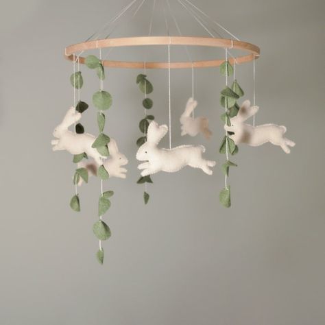 Rabbit Mobile Nursery, Boho Bunny Nursery, Eucalyptus Nursery, Bunny Nursery Theme, Rabbit Themed Nursery, Cottagecore Nursery, Mobile Ideas, Bunny Mobile, Fairy Nursery