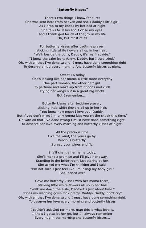 "Butterfly Kisses" by Bob Carlisle | Definitely going to be the daddy-daughter Butterfly Kisses Song, Baby Girl Tattoo Ideas, Baby Girl Tattoo, Wedding Songs To Walk Down Aisle, Father Daughter Wedding Songs, Imperfection Quotes, Girl Tattoo Ideas, Imagine Lyrics, Musical Lyrics