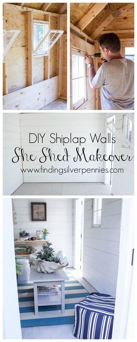 DIY Shiplap walls She Shed Makeover #sheshed #shiplap @homedepot #sponsored Shed Office Interior, She Shed Makeover, She Shed Diy, Shed Conversion Ideas, Shed Makeover, Shed Office, Shiplap Wall Diy, Craft Shed, Shed Interior