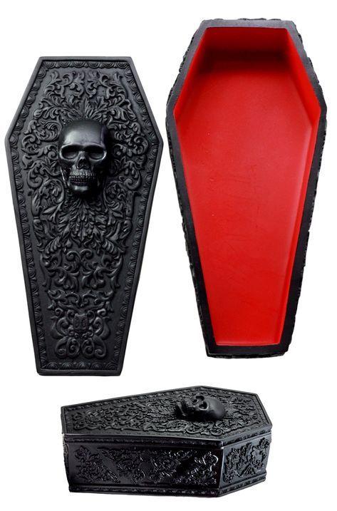 PRICES MAY VARY. This Gothic Floral Coffin Jewelry Box figurine is made of high quality polyresin. It is meticulously hand painted and polished. Color tone may vary from pictures. This Gothic Floral Coffin Jewelry Box figurine is 8.75" long, 3.5" tall and 4.25" deep approximately. Decorate your home for the halloween, day of the dead season or any season with this skull coffin box. With great attention to details, we carve out the surface of the coffin with intricate baroque style floral design. Gothic Baroque, Macabre Decor, Coffin Jewelry, Sugar Skull Decor, Gothic Coffin, Baroque Floral, Gothic Floral, Coffin Box, Cool Wood Projects