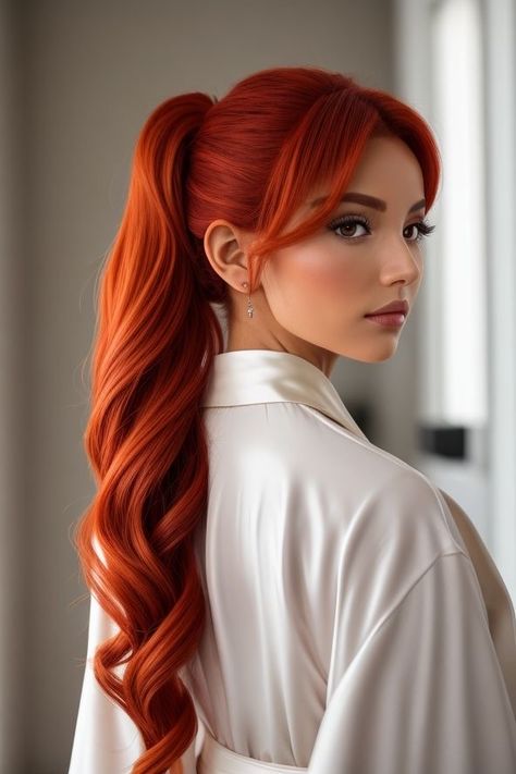 Long Hairstyles For Redheads, Best Makeup For Copper Hair, Red Hair Styles Hairstyles Long, Ginger Hair Tones, Bright Copper Hair Dark Roots, Fiery Copper Hair, Copper Red Hair Balayage, Copper Hair Makeup Ideas, Fire Hair Art