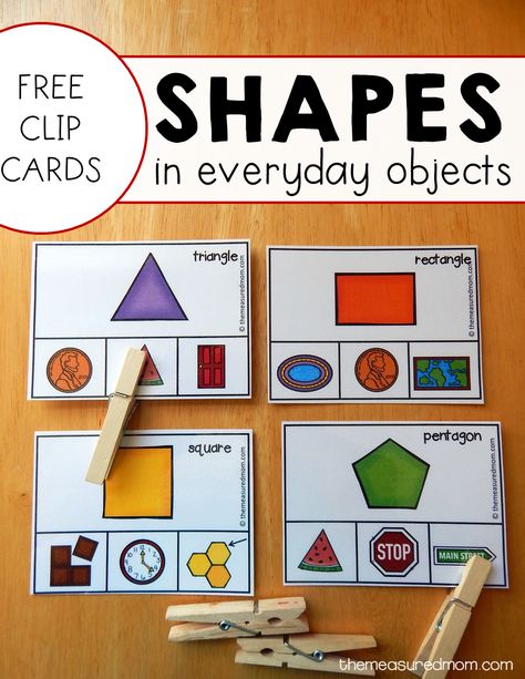 Looking for free shape activities? These clip cards will help kids see shapes in everyday objects. Spatial Sense Preschool Activities, Geometry Preschool Activities, Shapes Matching Printable, Teacch Activities Free Printable, Teacch Tasks Free Printables, Shape Math Activities Preschool, Color Shapes Free Printable, Kindergarten Task Cards Free, Shape Tracing Printables Free