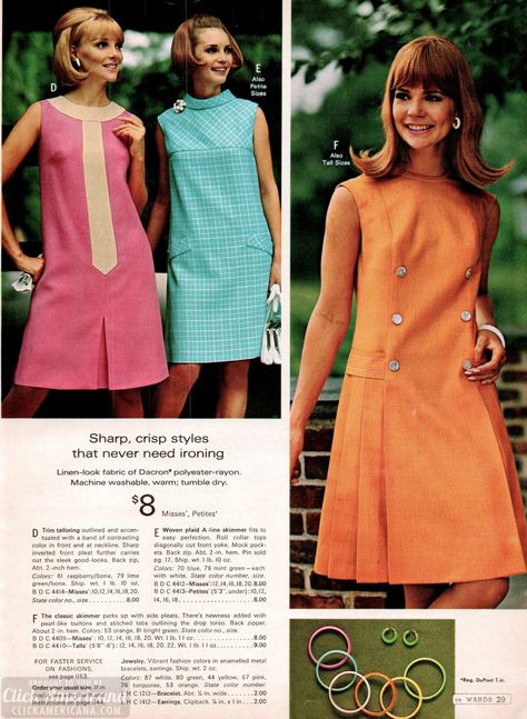 Linen-look dresses - A-line skimmers, classic skimmers and trim tailored dresses with front pleat 1960s Twiggy, 1968 Fashion, 1960s Skirt, Modern Vintage Dress, Tailored Dresses, 60’s Style, Vestidos Retro, 60s And 70s Fashion, Fashion 1960s