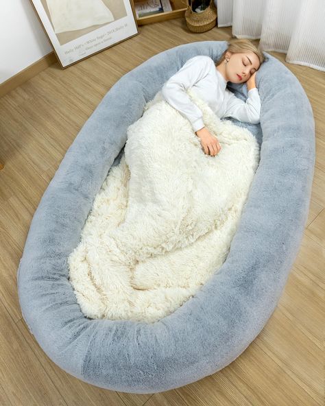 Big Dog Bed For Humans, Human Sized Dog Bed, Human Size Dog Bed, Under Bed Hangout, Aesthetic Pet Bed, Bedroom Ideas Adult, Giant Dog Bed For Humans, Agere Room, Blanket Nest