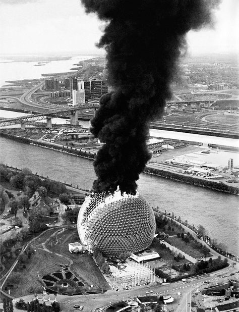 US Pavilion for Expo 67, designed by R. Buckminster Fuller and Shoji Sadao, erupts in flames. Montreal, May 20, 1976. Newfoundland Travel, Expo 67, Buckminster Fuller, Geodesic Dome, Of Montreal, Montreal Canada, World's Fair, Sorel Winter Boot, Old Pictures