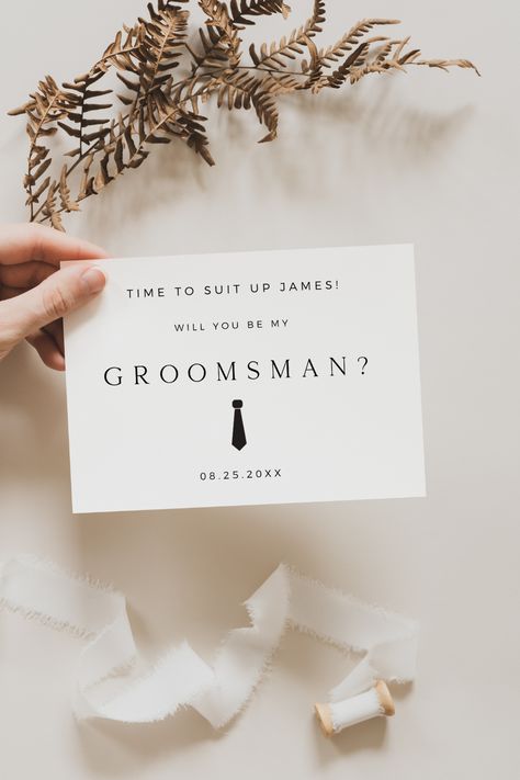 Looking for a unique way to ask your best man and groomsmen to be in your wedding party? This Groomsman Proposal Card is the perfect combination of style and humor to suit up that special guy! Click to view further details! Best Man Invite, Men Groomsmen Proposal, Best Man Proposal Card, Will You Be My Groomsman Ideas, Suit Up Groomsmen Proposal, Groomsmen Proposal Cards, Asking Groomsmen, Emerald Green Wedding Theme, Bridal Gift Box