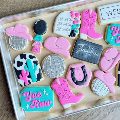 Rhinestone Cowgirl Cookies, Cowgirl Disco Cookies, Cowgirl Birthday Cookies Decorated, Disco Cowgirl Cookies Birthday, Cowgirl Decorated Cookies, Cowgirl Cookies Birthday, Disco Cowgirl Cookies Decorated, Lainey Wilson Birthday Theme, Dolly Parton Cookies Decorated