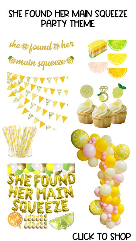 Bridal Shower Desserts Table, She Found Her Main Squeeze, Found Her Main Squeeze, Lemon Themed Bridal Shower, Bridal Shower Desserts, Party Entrance, Engagement Party Favors, Bridal Shower Party Favors, Bridal Shower Banner