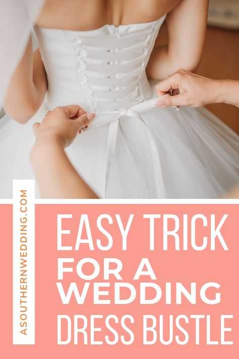 You found your dream dress, now it's time to do a DIY wedding dress bustle! We have the perfect tricks and tips to make it look flawless while being super fast and easy. #weddingdress #weddingdressbustle #howtobustleaweddingdress #weddingdressbustletips #weddingdressbustles #weddingdressbustlestyles #weddingdressbustleideas #weddingdressinspiration #weddingdaytips #weddingdaytipsandtricks Add Bustle To Wedding Dress, How To Bussel A Wedding Dress Diy, How To Make A Bustle, Diy Bussel Dress, How To Bustle A Dress, Bustling A Wedding Dress, Diy Bustle Wedding Dress, How To Bustle A Wedding Dress Diy, How To Bustle A Prom Dress