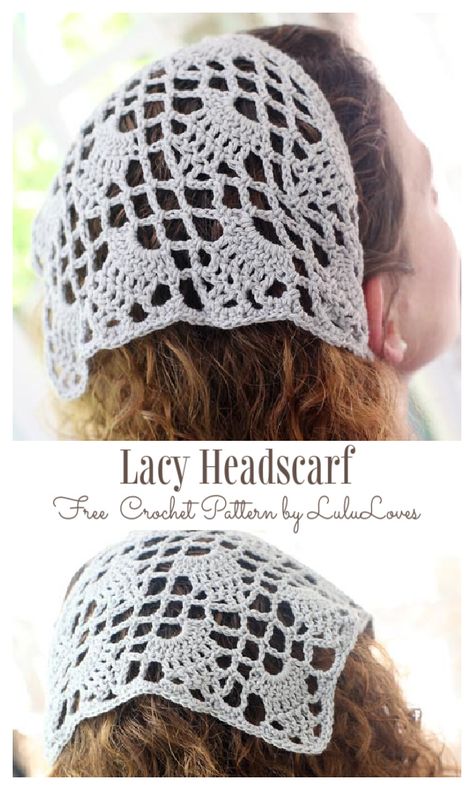 Lacy Headscarf Free Crochet Patterns Kerchief Pattern, Crochet Kerchief, Bandeau Au Crochet, Crochet Unique, Crochet Bandana, Confection Au Crochet, Mode Crochet, Crochet Headband Pattern, Crochet Hair Accessories