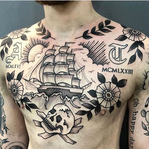 Stomach Tattoos For Guys, Traditional Back Tattoo, Traditional Chest Tattoo, Backpiece Tattoo, Diy Tattoo Permanent, Cuff Tattoo, Bauch Tattoos, Torso Tattoos, Cool Chest Tattoos