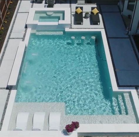 Contemporary Swimming Pool Designs, Volleyball Pool Design, Pool With Bar Stools, Modern Rectangle Pool Design, L Shape Pool With Spa, Inground Pools For Small Backyard, Medium Size Pool Designs, Rectangular Pool With Spa And Baja Shelf, L Pool Design Ideas