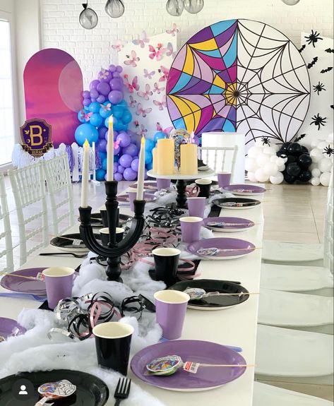 Enid And Wednesday Party Ideas, Wednesday Addams And Enid Birthday Party Ideas, Wednesday And Enid Birthday Theme, Wednesday Addams Snack Ideas, Wensday Decoration, Wednesday Table Decorations, Wendsday Birthday Party Decor, Wednesday Adams Party Decorations, The Addams Family Party Ideas