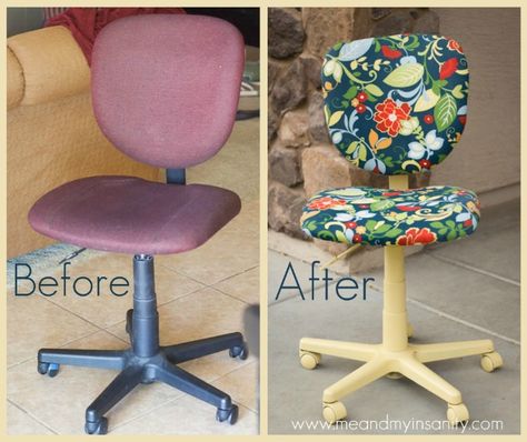 Colorful Chair Makeover #chair #upholstery Colorful Office Chair, Office Chair Makeover, Chair Redo, Diy Office, Chair Makeover, Ideas Hogar, Office Colors, Sewing Rooms, Vintage Elegance