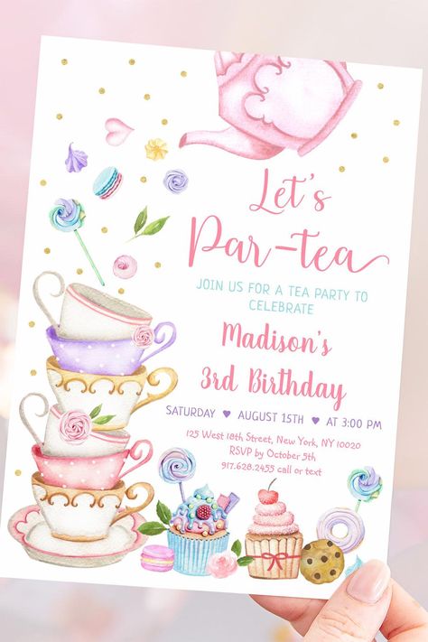 Pink Tea Party Let's Par-tea Birthday Invitation Time Four Tea Birthday, Partea Birthday Party, Baby Sprinkle Tea Party, Princess Tea Party Ideas, Kids Tea Party Ideas, Tea Party Kids Birthday, Toddler Tea Party Birthday, Kids Tea Party Birthday, Tea For Two Birthday Party