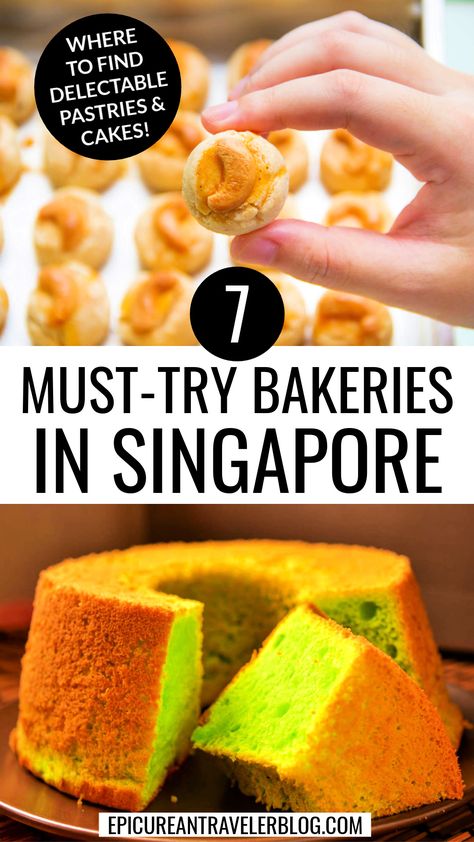 7 must-try bakeries in Singapore to find delectable pastries and desserts such as cashew cookies, which are also known as Singapore cookies, and pandan chiffon cake Pandan Chiffon Cake, Singapore Travel Tips, Colombian Cuisine, Singapore Food, Culinary Travel, Lava Cake, Travel Destinations Asia, Singapore Travel, Lava Cakes