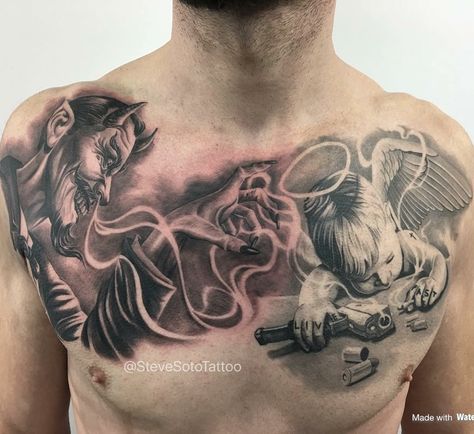 Good &evil Crazy Chest Tattoo Men, Good Angel Bad Angel, Good And Evil Tattoos, Bad Angel, Side Neck Tattoo, 16 Tattoo, Tattoo Neck, Evil Tattoo, Gangsta Tattoos