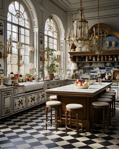 Castle Kitchen Luxury, Haussmann Interior Kitchen, Old English Estate Interior, English Home Aesthetic, English Manor Houses Interior Kitchen, Southern French Aesthetic, French Art Deco Kitchen, French Chateau Kitchen Ideas, Modern French Chateau Kitchen