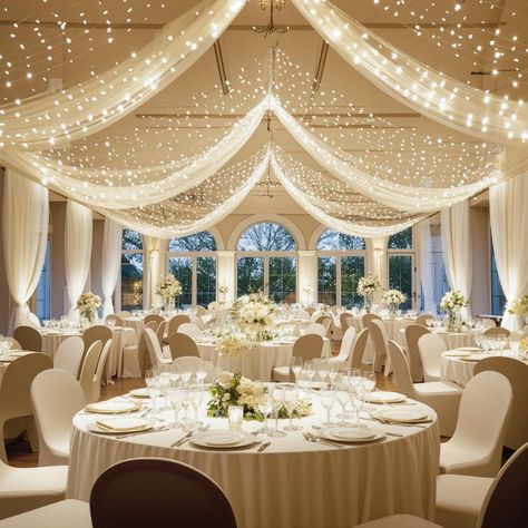 PRICES MAY VARY. 💡 6-Pack Ceiling Drapes for Weddings: 6 panels ivory ceiling drapes for weddings, each ceiling draping fabric measure for 5 feet width x 10 feet length. Come with curtains light string, turn any empty room into a party-ready venue is to decorate with beautiful, flowy layers of floor to ceiling drapes! 💡 Wedding Ceiling Drapes: Made of WRINKLE FREE premium sheer tulle fabric, best fabric for ceiling draping, adding a very special ambiance, mood, feel, design and tone to the spa Draped Lights Wedding, Wedding Decorations No Flowers, Auditorium Wedding Decorations, Wedding Decor Ceiling Draping, Large Wedding Venue Decor, Wedding Venue Indoor Decorations, Ceiling Lights Wedding Reception Ideas, Indian Wedding Ballroom Decor, Indoor Wedding Ceiling Decor