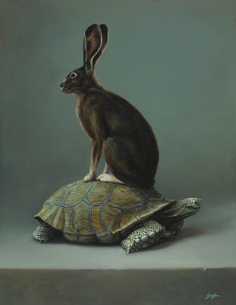 Drifters, oil on panel by Brad Overton #drifters #brad #overton #art #tortoise #hare #oil #paintings #julienester Rabbit And Tortoise, Fairy Tale Projects, Felt Turtle, Etsy Artwork, Rabbit Painting, Tortoise Turtle, Animal Study, Greek And Roman Mythology, Street Gallery