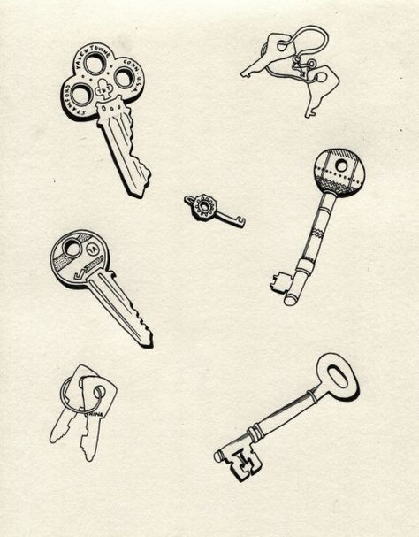 Old Keys Drawing, Car Key Tattoo, Vintage Key Drawing, Fine Line Key Tattoo, House Key Tattoo, Key Drawing Simple, Monocle Drawing, Old Key Tattoo, Key Tattoos For Women