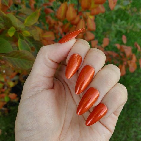 Almond Nails Fall, Red Orange Nails, Black Chrome Nails, Purple Chrome Nails, Long Red Nails, Nails Hand Painted, Nails Orange, Orange Nail Designs, Nails Fall Nails