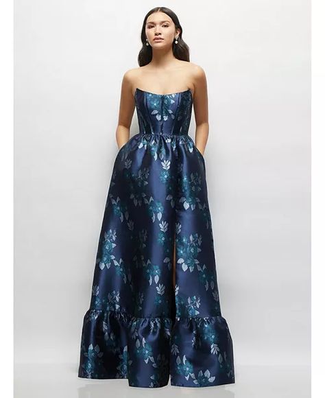 Dessy Collection Women's Navy Rose Damask Strapless Cat-Eye Bodice Maxi Dress with Ruffle Hem - Macy's Something Blue Dress, Blue Garden Party Dress, Navy Wedding Guest Dress, Midnight Blue Bridesmaid Dresses, Matoshi Dress, Dark Blue Bridesmaid Dresses, Navy Blue Evening Gown, Midnight Blue Dress, Dress With Ruffle Hem