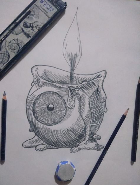 sketching__eye ball candle __ You can visit my page on instagram on @anshi.vardhan Candle Eye Drawing, Eyeball Candle Drawing, Eye Ball Drawings, Eye Ball Reference, Eye Balls Drawing, Eye Ball Tattoos, Horror Eyes Drawing, Eye Ball Sketch, Eye Ball Art