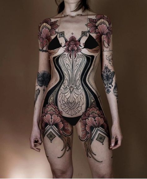 Backpiece Tattoo, Throat Tattoo, Torso Tattoos, Belly Tattoo, Tattoed Women, 4 Tattoo, Full Body Tattoo, Body Suit Tattoo, Best Tattoo Designs