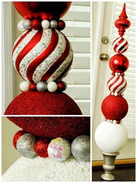 17 Easy Christmas Home Decor Ideas that Look Expensive | Hometalk Christmas Ornament Topiary, Christmas Finials, Ornament Topiary, Outdoor Christmas Wreaths, Christmas Topiary, Christmas Peppermint, Diy Christmas Ornament, Christmas Porch Decor, Glitter Glass