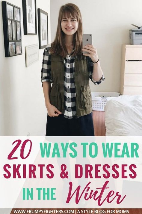 Fight the mom frump in winter too! Here are some outfit ideas for wearing skirts and dresses when it's cold. These looks are #momlife friendly and so cozy for both staying at home or going on errands. Look like a chic mom despite the cold this fall and winter! #winter #fall #moms #outfits #ideas #fashion #style #stayathome Apostolic Capsule Wardrobe, Fall Modest Outfits Apostolic Fashion, Modest Winter Outfits Casual, Apostolic Winter Outfits, Apostolic Fashion Fall, Fall Leggings Outfit, Opiumcore Outfits, Capsules Wardrobe, Dresses In The Winter