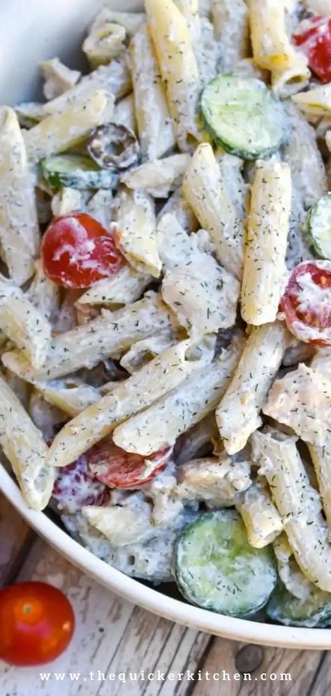 Easy creamy Greek pasta salad is a yummy take on the traditional dish full of light Mediterranean flavors. Penne gets tossed with a Greek yogurt dressing, cherry tomatoes, refreshing cucumbers, salty olives, and rotisserie chicken for a dish that is perfect as a side or a main course! Check out this quick recipe at thequickerkitchen.com. Creamy Greek Pasta Salad, Greek Yogurt Pasta, Creamy Pasta Salad Recipe, Picnic Side Dishes, Greek Yogurt Dressing, Greek Pasta Salad, Creamy Pasta Salads, Rotisserie Chicken Salad, Greek Yogurt Flavors