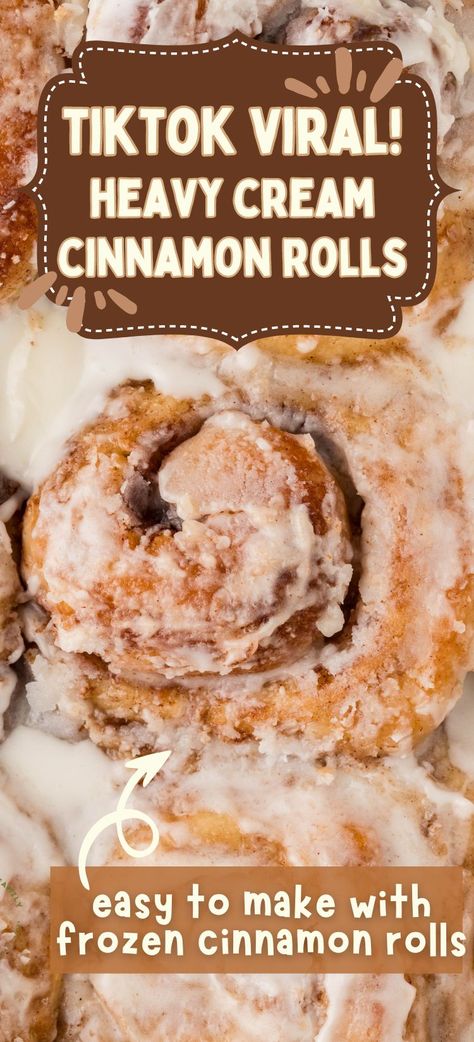 This viral TikTok Cinnamon Roll Recipe uses the heavy cream hack to make frozen cinnamon rolls taste just like the famous Cinnabon cinnamon rolls with only 6 ingredients. This recipe for easy cinnamon rolls creates light, fluffy, and moist 'doctored up' frozen cinnamon rolls - no one will ever guess that they're not homemade! Cinnamon Rolls From Frozen Rolls, Recipes With Frozen Rolls, Custard Cinnamon Rolls, Frozen Cinnamon Rolls Rhodes, Frozen Cinnamon Roll Recipe, Cinnabon Cinnamon Rolls Copycat, Frozen Cinnamon Rolls, Tiktok Cinnamon Rolls, Cinnamon Rolls With Heavy Cream