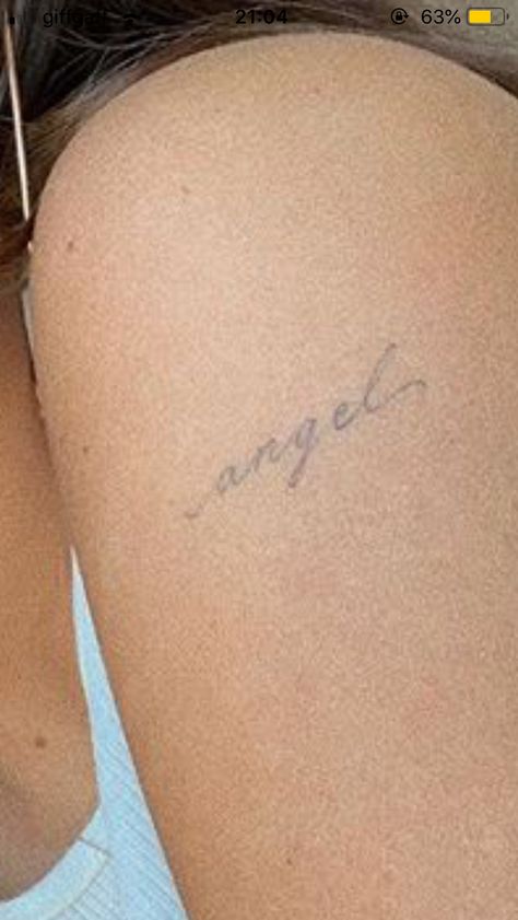 Angel Tiny Tattoo, Angel In Cursive Tattoo, Angel Script Tattoo, Angel Tattoo Dainty, Angel Cursive Tattoo, Angelic Tattoos For Women, Angel Tattoo Aesthetic, Angel In Cursive, Word Angel Tattoo