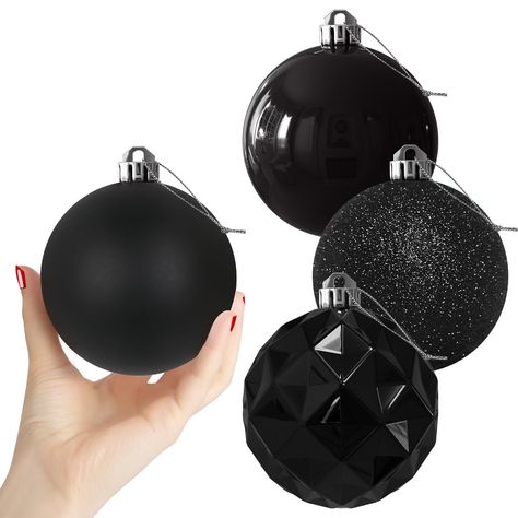 PRICES MAY VARY. MANY VARIETY - 4 ornaments in 4 finishes SHATTERPROOF - Well-made balls and rarely make a dent when falling off XL (4.0") 4PCS BLACK CHRISTMAS BALLS - Includes 4 finish styles: Flat Glossy, Matte, Diamond Reflective, Glitter PRE-STRUNG - Long-lasting strings can hang outdoors and indoors PHONE SUPPORT - Call us in North Carolina if you have any question Black Christmas Tree Decorations, Silver Baubles, Gold Christmas Tree Decorations, Faux Snow, Silver Christmas Tree, Black Christmas Trees, Star Wars Christmas, Led Fairy Lights, Amazing Decor