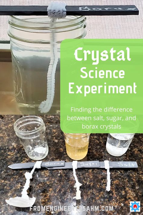 Crystal Science Experiment at Home - From Engineer to SAHM Salt Crystal Experiment, Salt Crystals Diy For Kids, Sugar Crystal Science Project, Kids Science Fair Projects, Science Fair Projects Boards, Borax Crystals, Stem Club, Lab Ideas, Growing Crystals